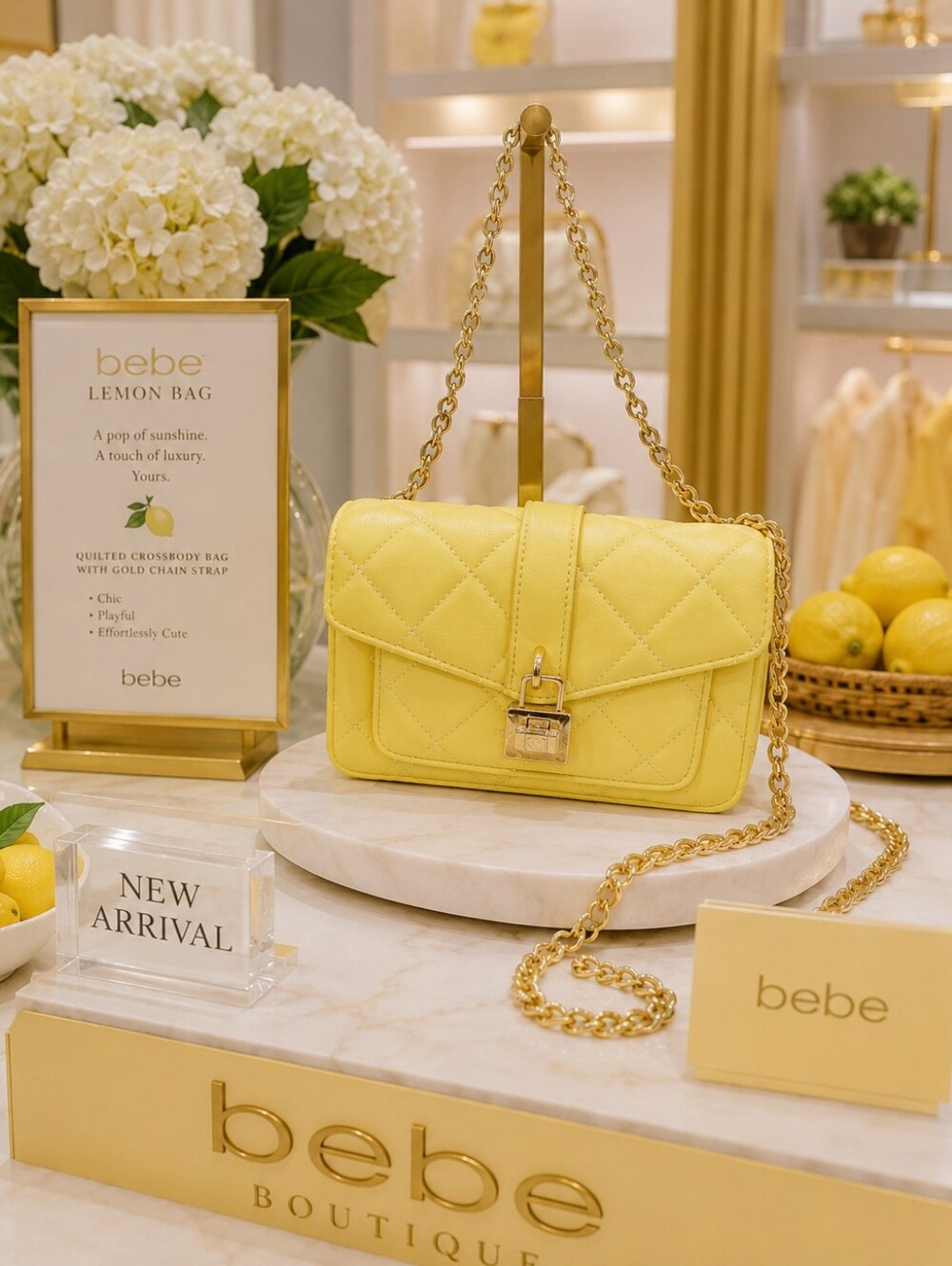 bebe 'Kellen' Quilted Lemon Crossbody with Gold Chain